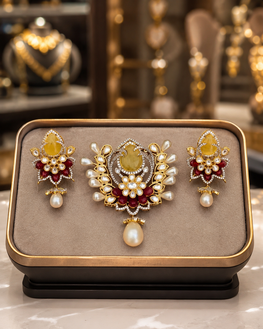 Gold Cat's Eye Pearl Pendant Set