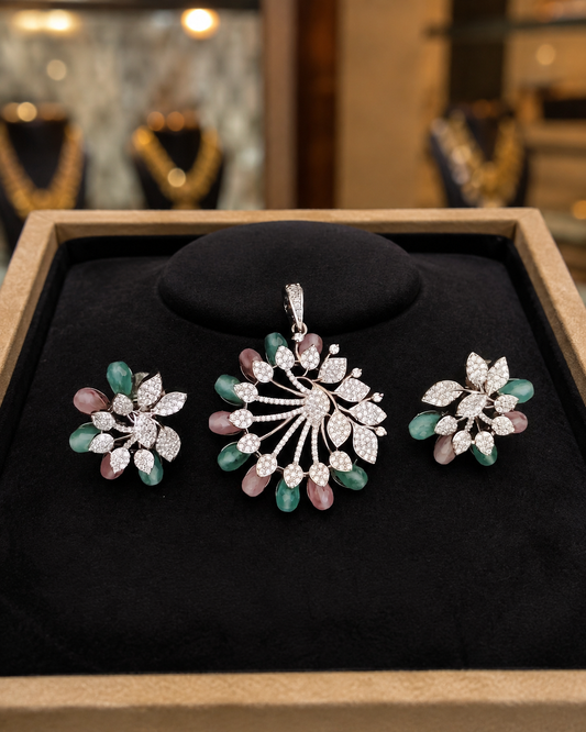 Silver AD Floral Pendant Set