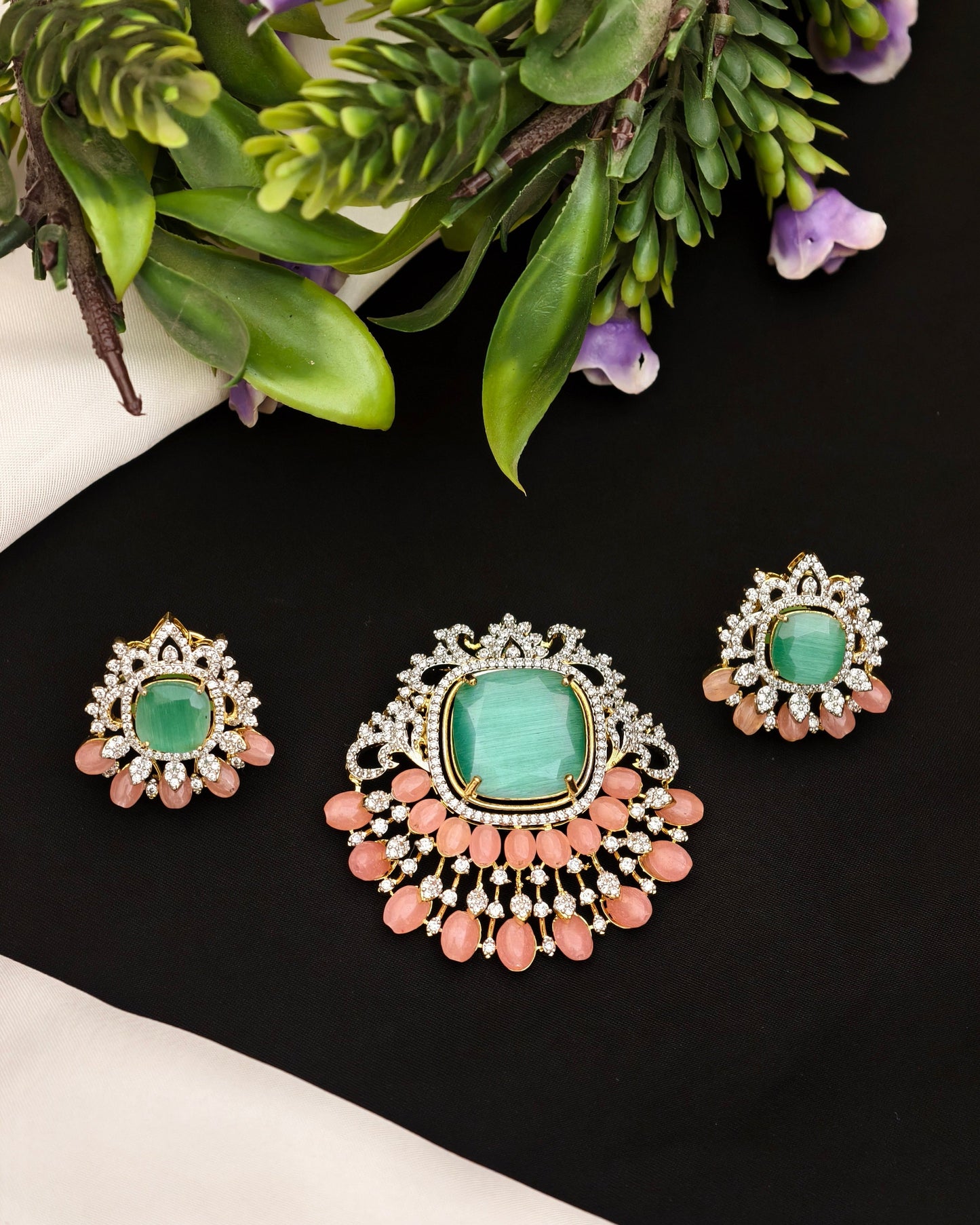 Aqua Cat's Eye Pendant Set